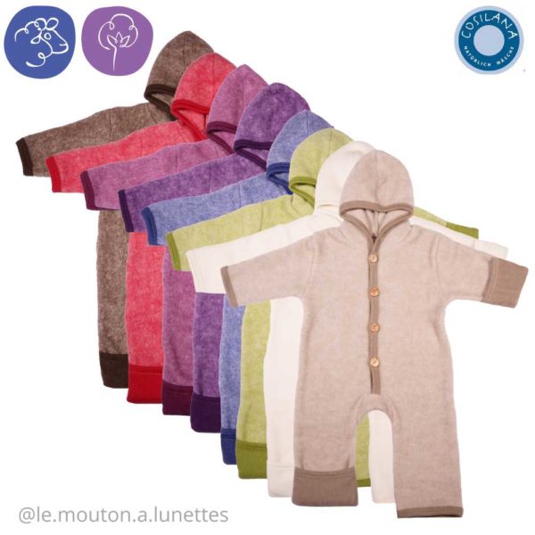 Combinaison pilote bébé laine polaire bio Cosilana avec rabats pieds revers mains
