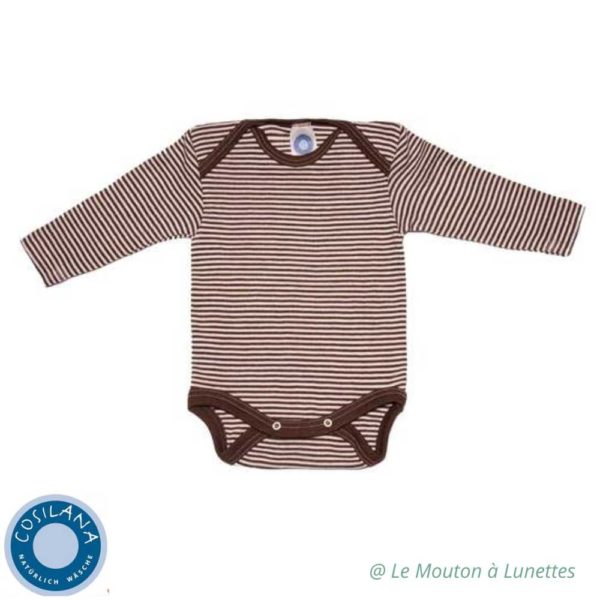 body bébé en laine mérinos bio et soie cosilana rayures brun et écru