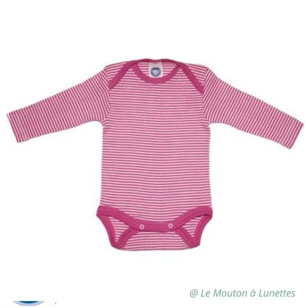 body bébé en laine mérinos bio et soie cosilana rayures roses