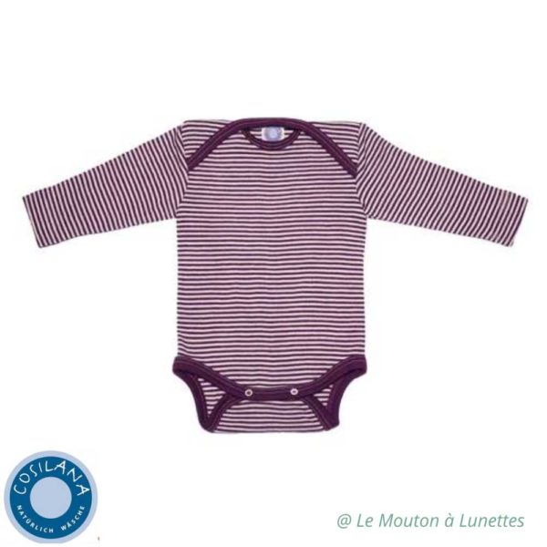 body bébé en laine mérinos bio et soie cosilana rayures violettes prune