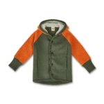 Manitober veste capuche outdoor bebe enfant laine bio ecologique olive orange devant