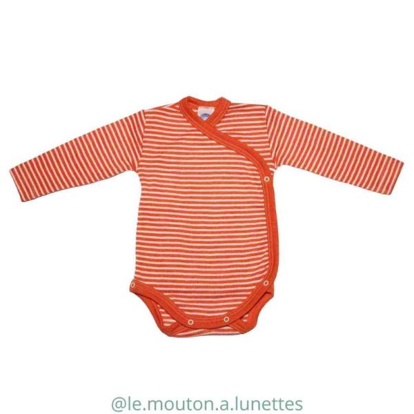 Body cache-coeur en laine et soie rayé orange-écru cosilana