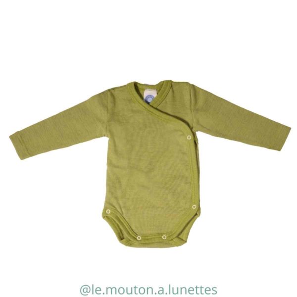 Body kimono manches longues vert en laine et soie cosilana