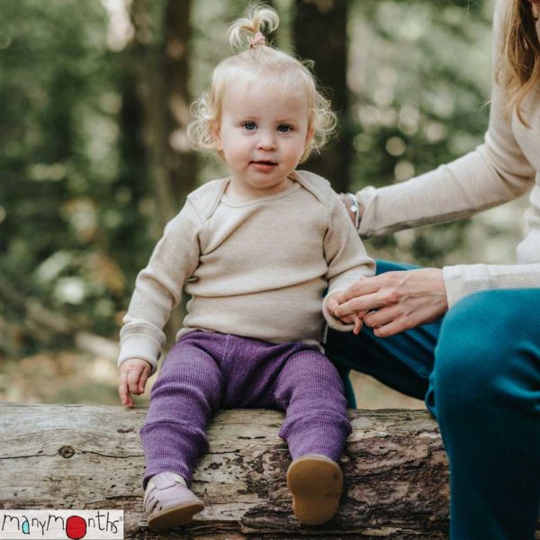 Longies Manymonths avec patchesbicolores Pantalon bébé laine mérinos dusty grape