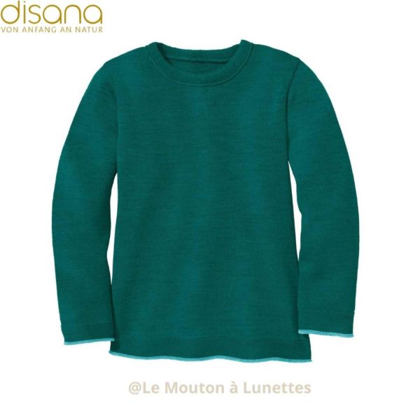 Pull tricoté en laine bouillie- Disana-bleu vert pacific