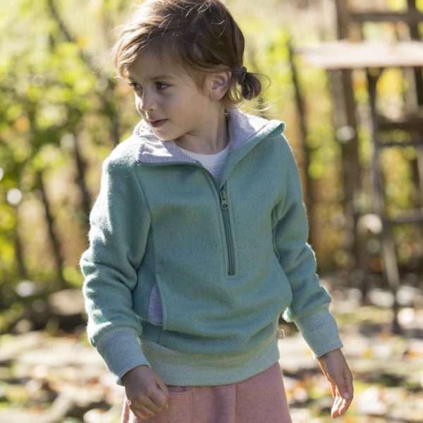 sweat disana pour enfant en laine bouillie bio fine légère col zippé menthe