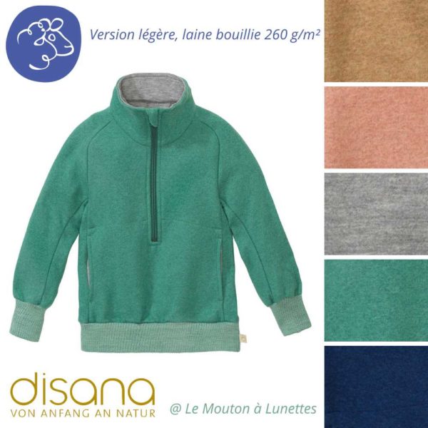sweat disana pour enfant en laine bouillie bio fine légère col zippé
