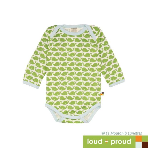 body bébé en coton bio manches longues baleines vertes