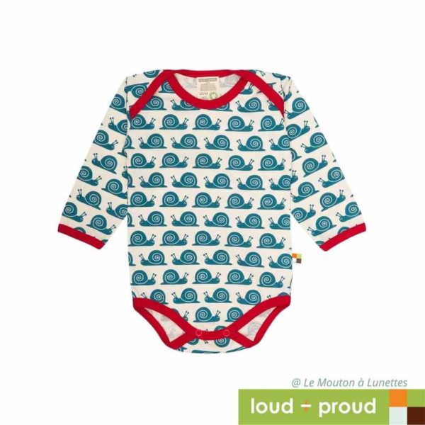 body bébé en coton bio manches longues escargots bleus