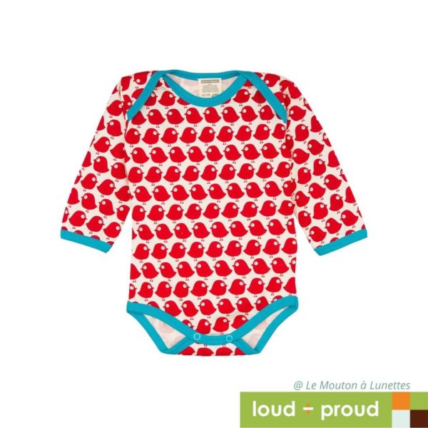 body bébé en coton bio manches longues oiseaux rouges