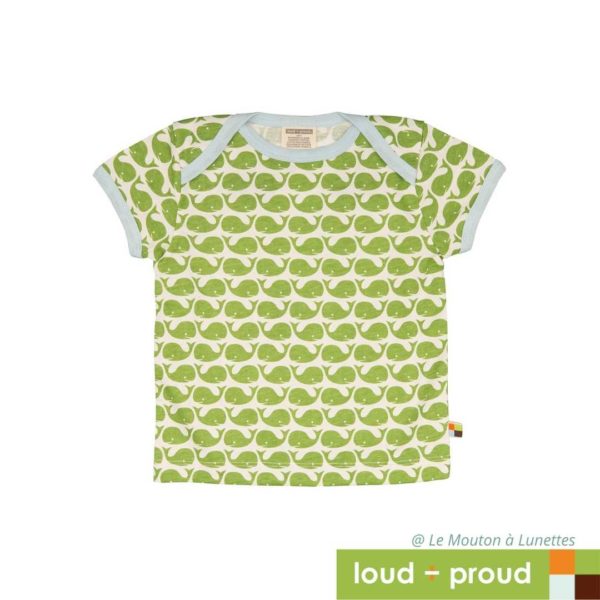 t-shirt en coton bio manches courtes baleines vertes