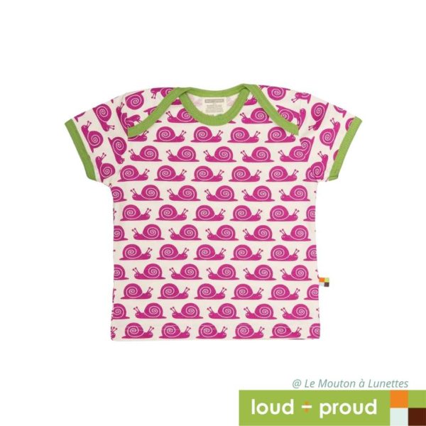 t-shirt en coton bio manches courtes escargots roses