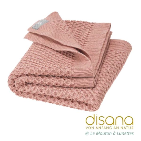 Couverture bébé DISANA laine mérinos bio nid d'abeille rose poudré