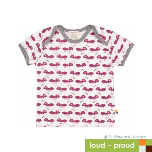 tshirt coton bio motif fourmi Loud and Proud rose manches courtes