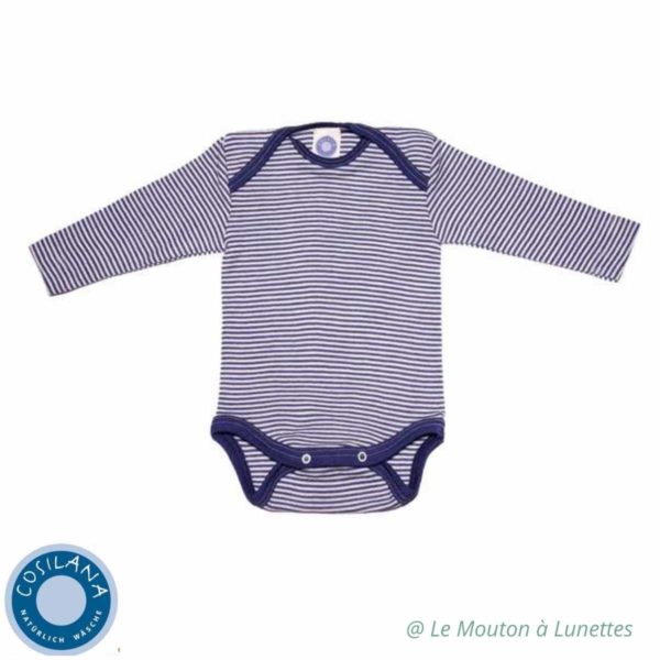 body bébé en laine mérinos bio et soie cosilana rayures marines
