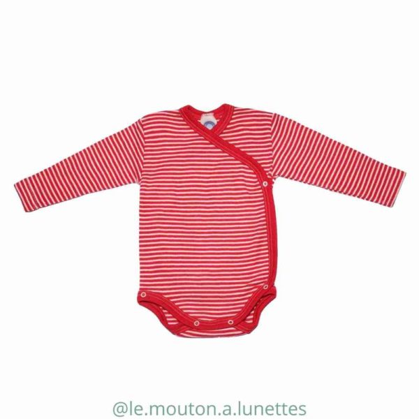 Body croisé en laine mérinos bio et soie cosilana rayé rouge