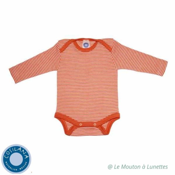 body bébé en laine mérinos bio et soie cosilana rayures orange