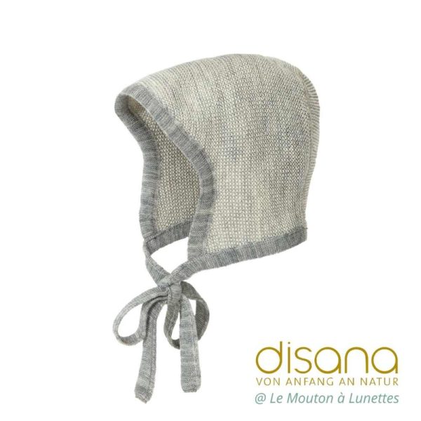 Bonnet bébé disana béguin en tricot de laine mérinos bio nouveau né gris