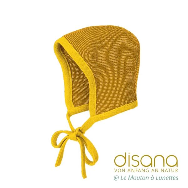 Bonnet bébé disana béguin en tricot de laine mérinos bio nouveau né curry