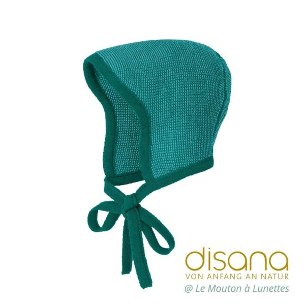 Bonnet bébé disana béguin en tricot de laine mérinos bio nouveau né pacific turquoise