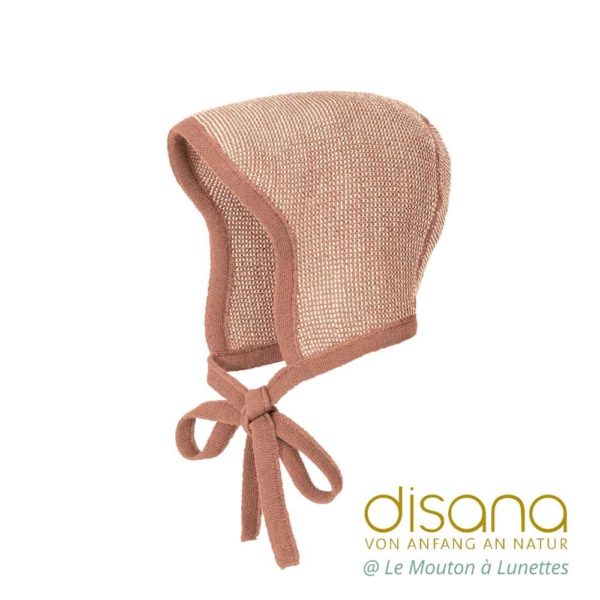 Bonnet bébé disana béguin en tricot de laine mérinos bio nouveau né rose