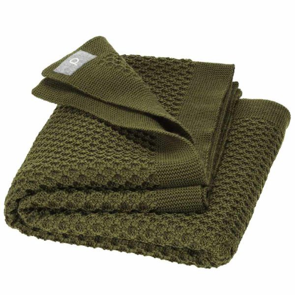 Couverture DISANA laine mérinos bio tricotée vert olive