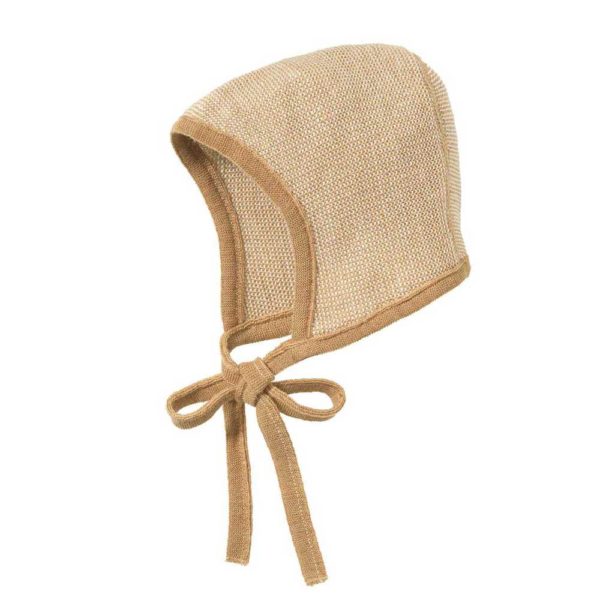 bonnet béguin bébé en tricot disana laine mérinos caramel
