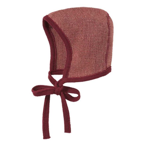 bonnet béguin bébé en tricot disana laine mérinos cassis