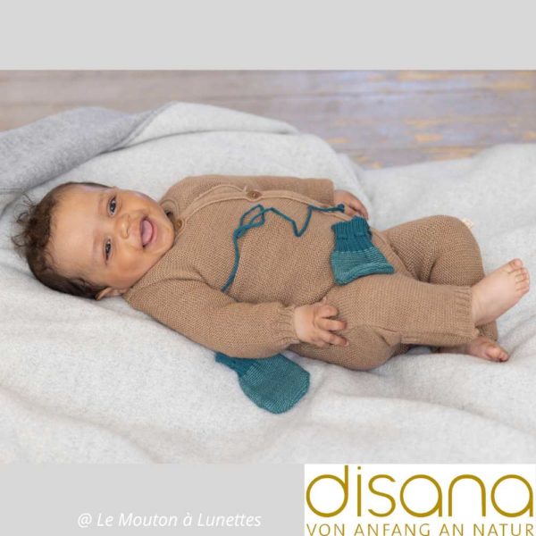 Combinaison Disana bébé en tricot de laine mérinos bio caramel accessoires pacific
