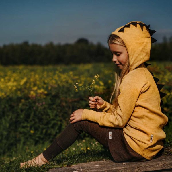 sweat dino hoodie avec capuche en laine mérinos manymonths pour enfant