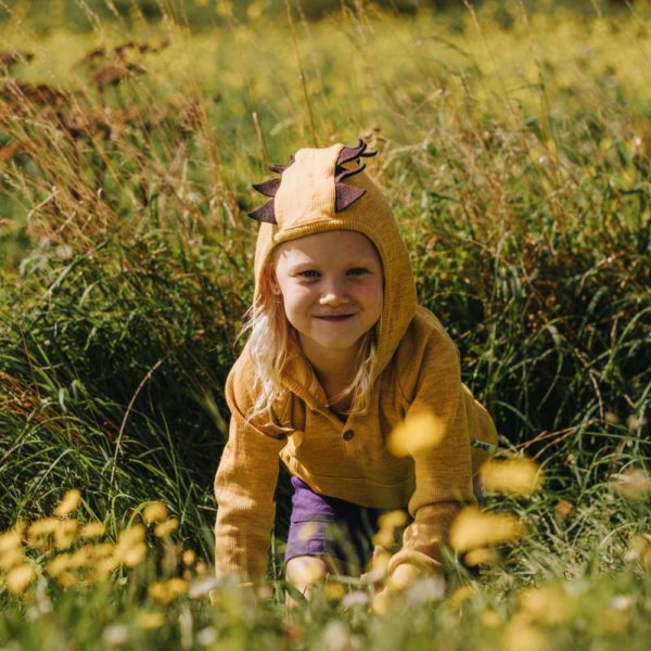 sweat dino hoodie avec capuche en laine mérinos manymonths pour enfant