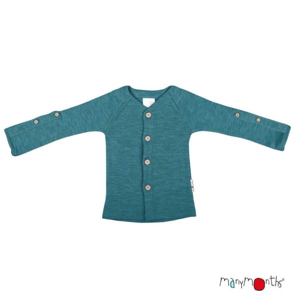 cardigan manymonths évolutif en laine mérinos enfant bleu sea grotto
