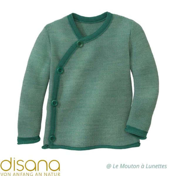 Gilet bébé tricoté disana en laine mérinos brassière enfant et bébé vert menthe écru