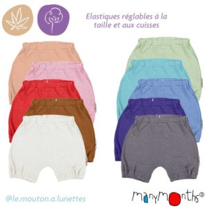 Bubble short bloomer évolutif chanvre coton bio ManyMonths ECO Hempies mixte
