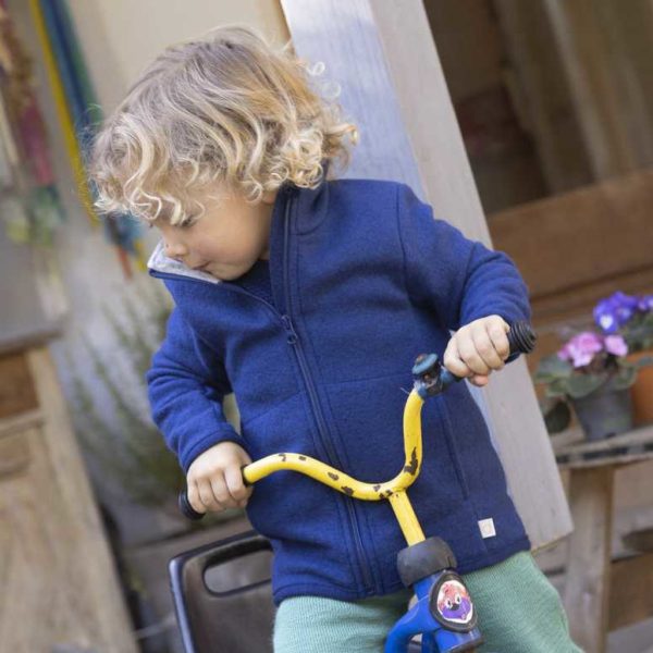 DISANA veste légère zippée en laine bouillie fine mérinos bio mi-saison et été bleu marine