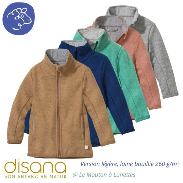 DISANA veste légère zippée en laine bouillie fine mérinos bio mi-saison et été mixte fille garçon bébé enfant