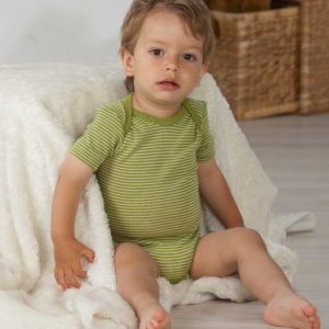 Body bébé Cosilana manches courtes en laine mérinos bio et soie naturelle rayures vert