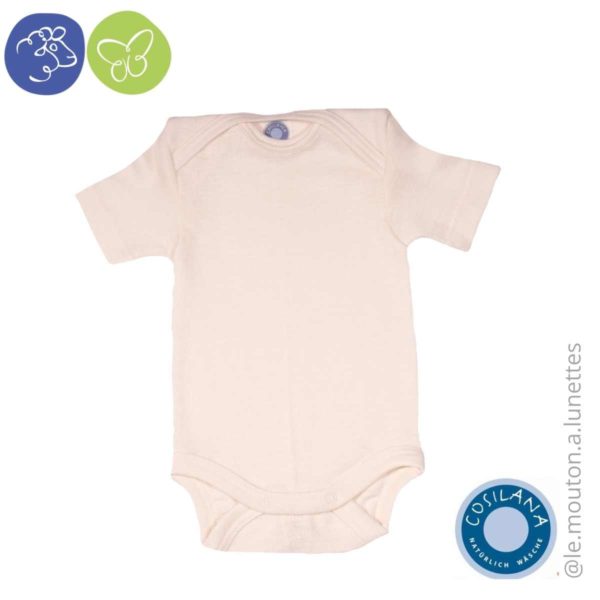 Body manches courtes bébé Cosilana en laine mérinos bio et soie naturelle mixte écru naturel