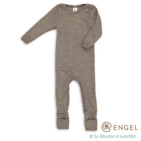 pyjama engel natur laine et soie pour bébé bio avec rabats revers aux pieds brun noix