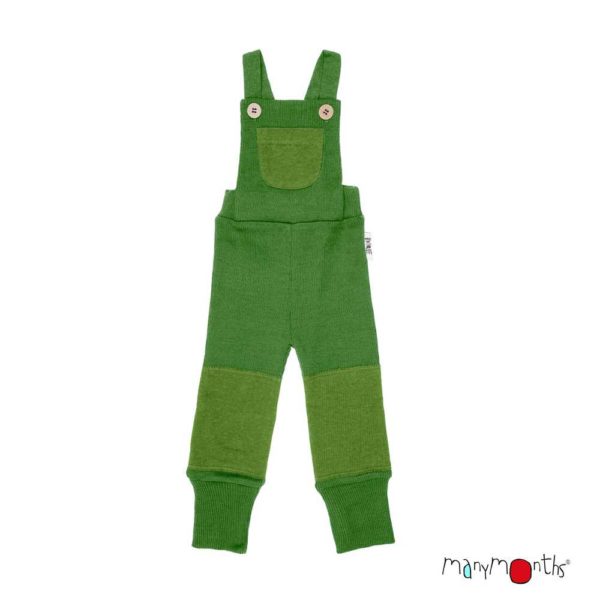 salopette enfant mérinos évolutive manymonths dungarees avec patches genoux vert forest floor green