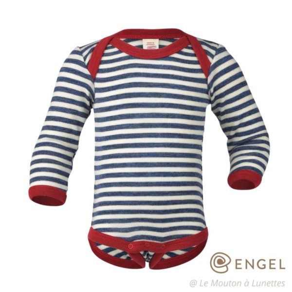 body laine mérinos bio pour bébé manches longues engel natur rayures marines