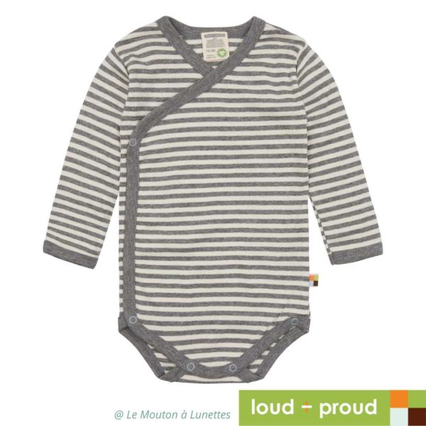 body croisé coton bio naissance bébé loud+proud rayures grises