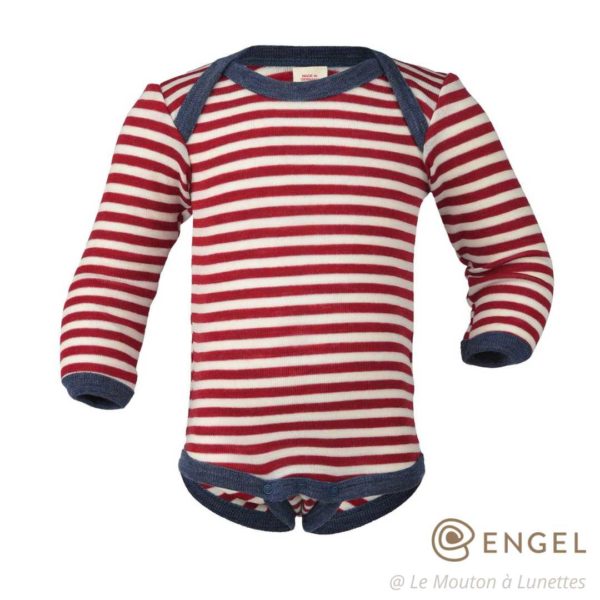 body laine mérinos bio pour bébé manches longues engel natur rayures rouges